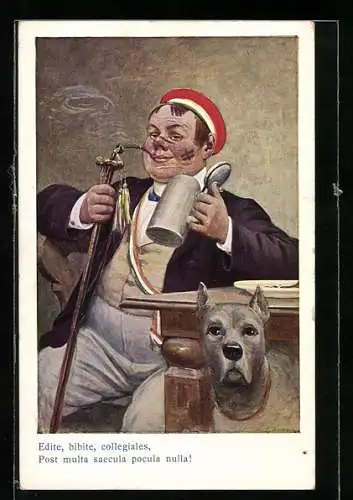 Künstler-AK Burschenschafter mit Hund trinkt ein Bier, studentische Szene