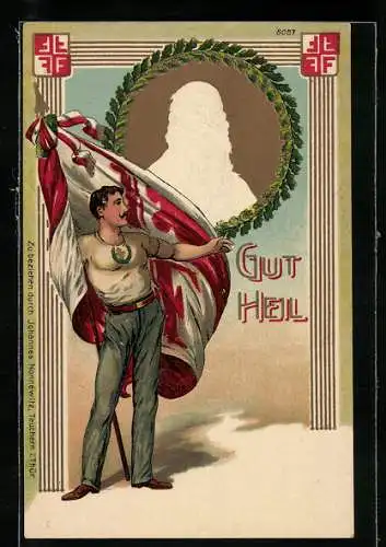 Lithographie Portrait vom Turnvater Jahn im Eichenkranz, Mann mit riesiger Fahne