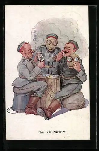 AK Soldaten mit Gasmasken beim Kartenspiel