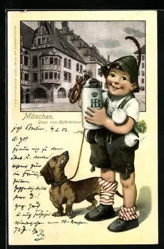 AK Oktoberfest, Junge mit Maas und Dackel