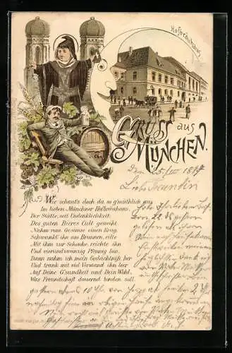 Lithographie München, Münchner Hofbräuhaus, Münchner Kindl vor Kirche