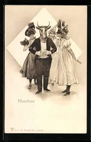 AK Maestoso, Herr mit Stiermaske und drei Damen, Fasching