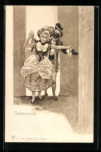 AK Scherzando, Maskierter Herr mit einer Dame, Fasching