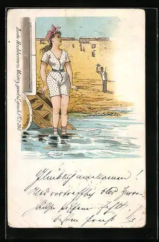 AK Herr am Strand grüsst Frau im Badeanzug