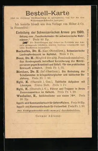 AK Bestell-Karte, Einteilung der Schweizerischen Armee pro 1909, Bachofen, Bibliothek