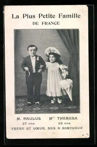 AK Bordeaux, La Plus Petite Famille de France, M. Paulus 27 ans, Mlle Theresa 28 ans, Liliputaner
