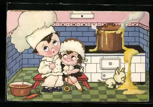 AK Koch mit Dienstmädchen kocht der Brei über