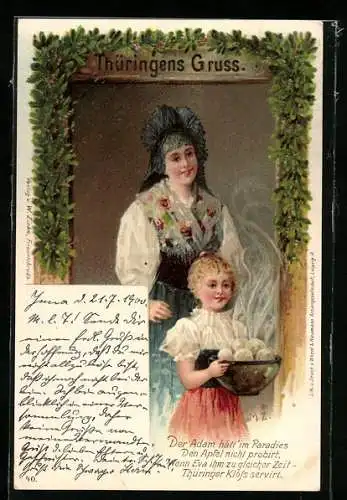 AK Frau und Tochter in thüringischer Tracht mit einer Schüssel dampfender Klösse