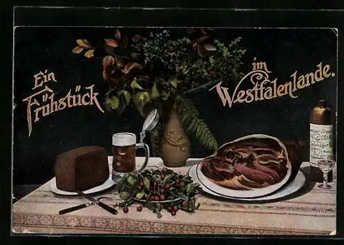 AK Ein Frühstück im Westfalenlande, Schwarzbrot, Schinken und Bier