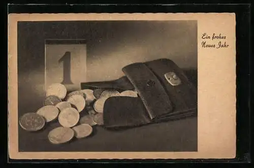 AK Portemonnaie mit Geldmünzen und Kalender, Neujahrsgruss