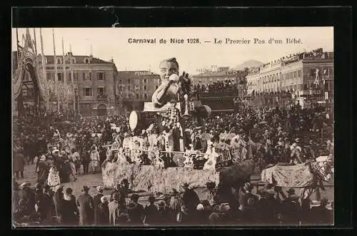 AK Nice, Carneval 1928, Le Premier Pas d`un Bébé, Festwagen zu Fasching