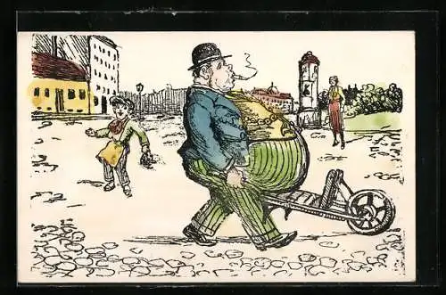 AK Dicker Mann schiebt seinen Bauch auf Karren