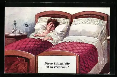 AK Frau schläft alleine im Bett, die Schlafstelle neben ihr zu vergeben, Erotik