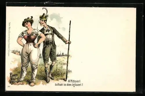 Lithographie S` Röserl is flott in den Höserl, Bergsteiger und Frau auf der Wiese in den Bergen