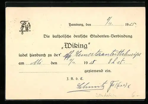 AK Einladung der Katholischen deutschen Studenten-Verbindung Wiking zur Semesterantrittskneipe 1925