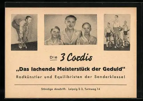 AK Die 3 Cordis, Radkünstler und Equilibristen der Sonderklasse!, Das lachende Meisterstück der Geduld