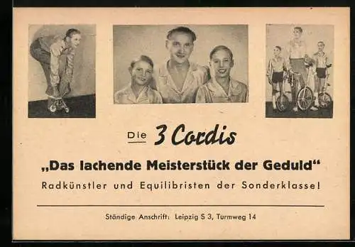 AK Die 3 Cordis, Radkünstler und Equilibristen der Sonderklasse!, Das lachende Meisterstück der Geduld
