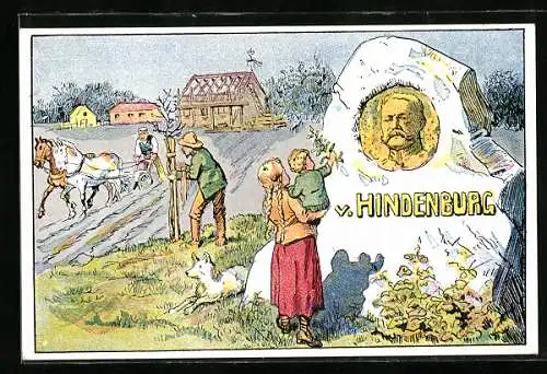 Künstler-AK Mutter und Kind gedenken Paul von Hindenburg an seinem Gedenkstein