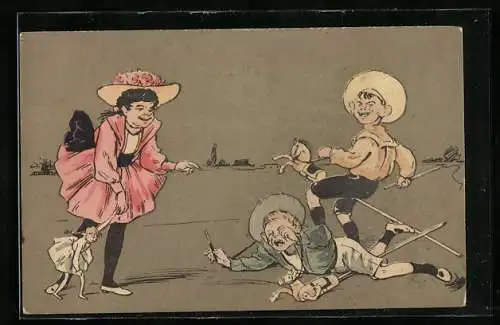 AK Zwei Jungen auf Steckenpferden und Mädchen mit Puppe
