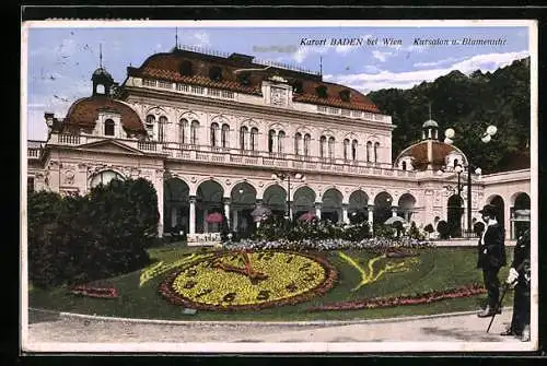 AK Wien, Kursalon und Blumenuhr im Kurort Baden