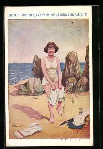 AK Junge Frau zieht sich am Strand aus, Erotik