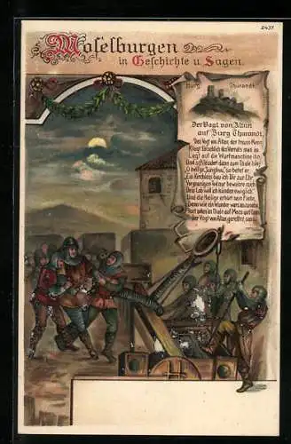 Künstler-AK Thurandt, Der Vogt von Altan auf der Burg Thruandt, Ritter mit Geschütz bei Mondschein, Sage