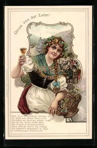 Lithographie Weinmädchen in Tracht mit Weinglas vor Rhein-Kulisse
