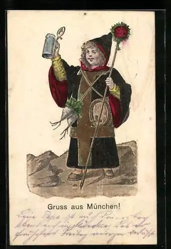 AK Münchner Kindl mit Bierkrug, Gehstock und Rüben um den Hals