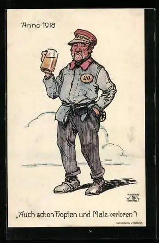 Künstler-AK Ein Page betrinkt sich mit Bier, Auch schon Hopfen und Malz verloren, 1918