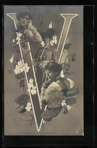 AK Portraits Schauspielerin Miss Violet Vanbrugh mit Blumen und der Buchstabe V