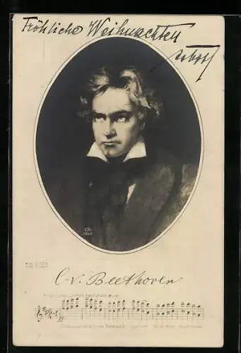 Künstler-AK L. v. Beethoven blickt nach oben, Notenauszug aus Freude, schöner Götterfunken