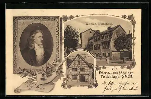 Lithographie Weimar, 100. Todestag Schillers 1905, Portrait, Sterbehaus, Geburtshaus in Marbach