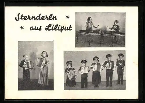 AK Sternderln aus Lilliput, Liliputaner mit Akkordeon, Vibraphon und Trommeln