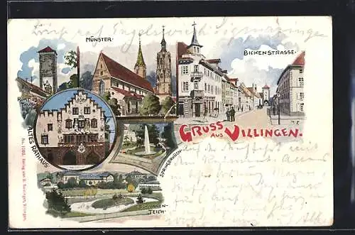 Lithographie Villingen / Baden, Münster, Altes Rathaus, Schwanenteich