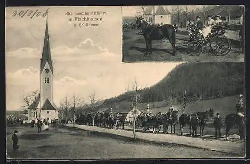 AK Fischhausen b. Schliersee, Teilnehmer der Skt. Leonhardtifahrt in ihren Kutschen