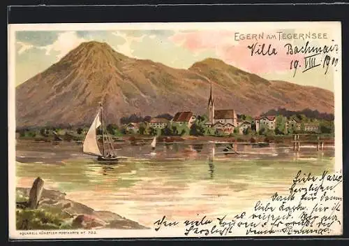 Lithographie Egern / Tegernsee, Totale mit Kirche