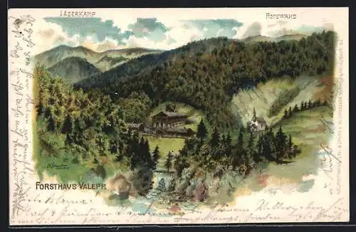 Lithographie Valepp, Das Forsthaus und eine Kapelle mit Jägerkamp und Rotewand