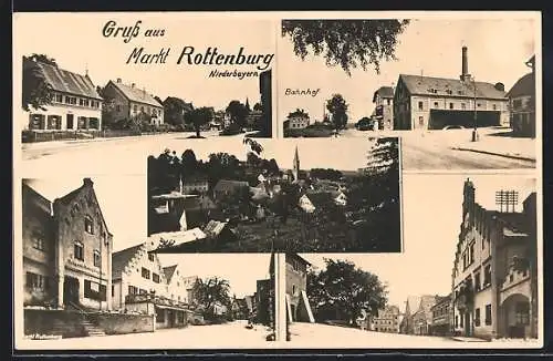 AK Rottenburg /Niederbayern, Metzgerei Georg Zieglmeier, Rathaus, Bahnhof