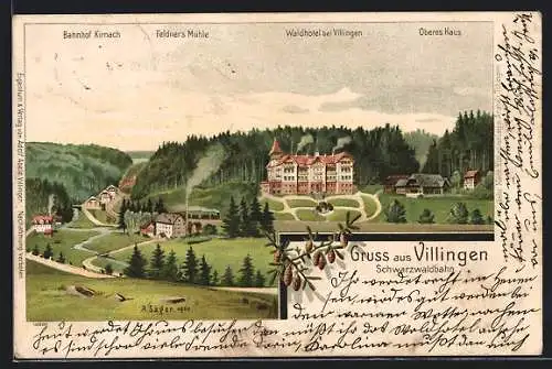 AK Villingen / Baden, Schwarzwaldbahn, Waldhotel, Oberes Haus, Bahnhof Kirnach