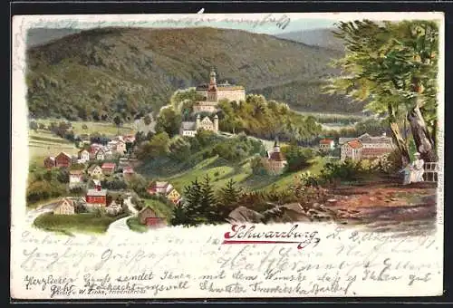 Künstler-AK Schwarzburg, Ortsansicht mit dem Schloss