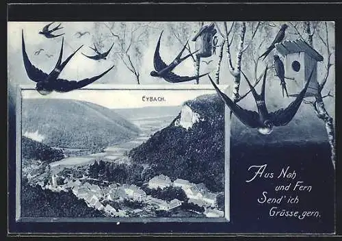 AK Eybach, Teilansicht mit Kirche, Schwalben am Vogelhaus, Passepartout