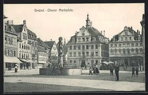 AK Gmünd, Oberer Marktplatz mit Geschäften und Brunnen