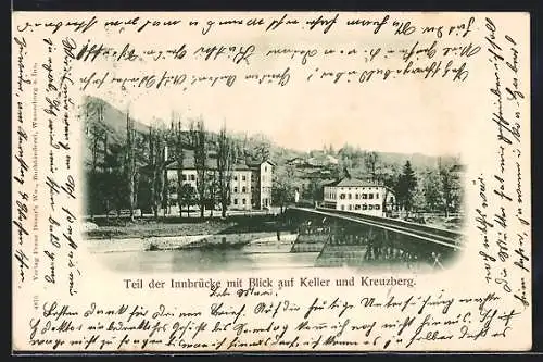 AK Keller, Teil der Innbrücke mit Blick auf den Ort und Kreuzberg