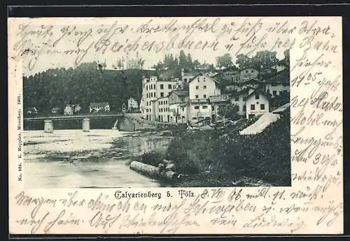 AK Tölz, Uferpartie mit Blick zum Calvarienberg