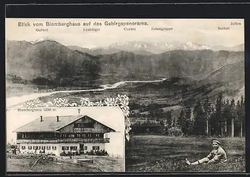 AK Bad Tölz, Gasthof Blomberghaus, Blick auf das Gebirgspanorama mit Venediger, Unnütz und Seekar