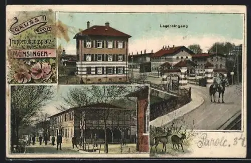 AK Münsingen, der Truppenübungsplatz, Lagereingang, Soldaten auf der Strasse