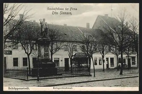 AK Schöppenstedt, Geschäftshaus Otto Siemann und Kriegerdenkmal