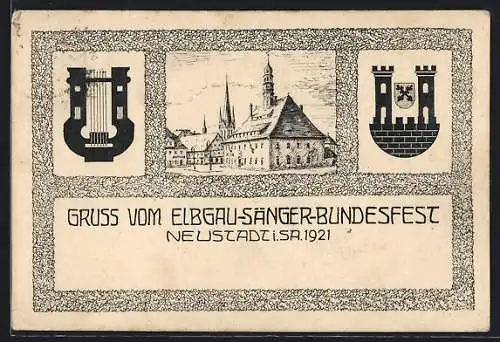 Lithographie Neustadt / Sa., Elbgau-Sänger-Bundesfest 1921, Harfe und Wappen