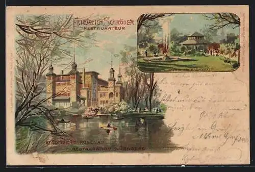 Lithographie Nürnberg, Gasthaus Städtische Rosenau Restauration von Friedrich Schröder