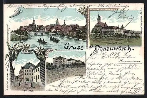 Lithographie Donauwörth, Rathaus, Bahnhof, Heilig Kreuz